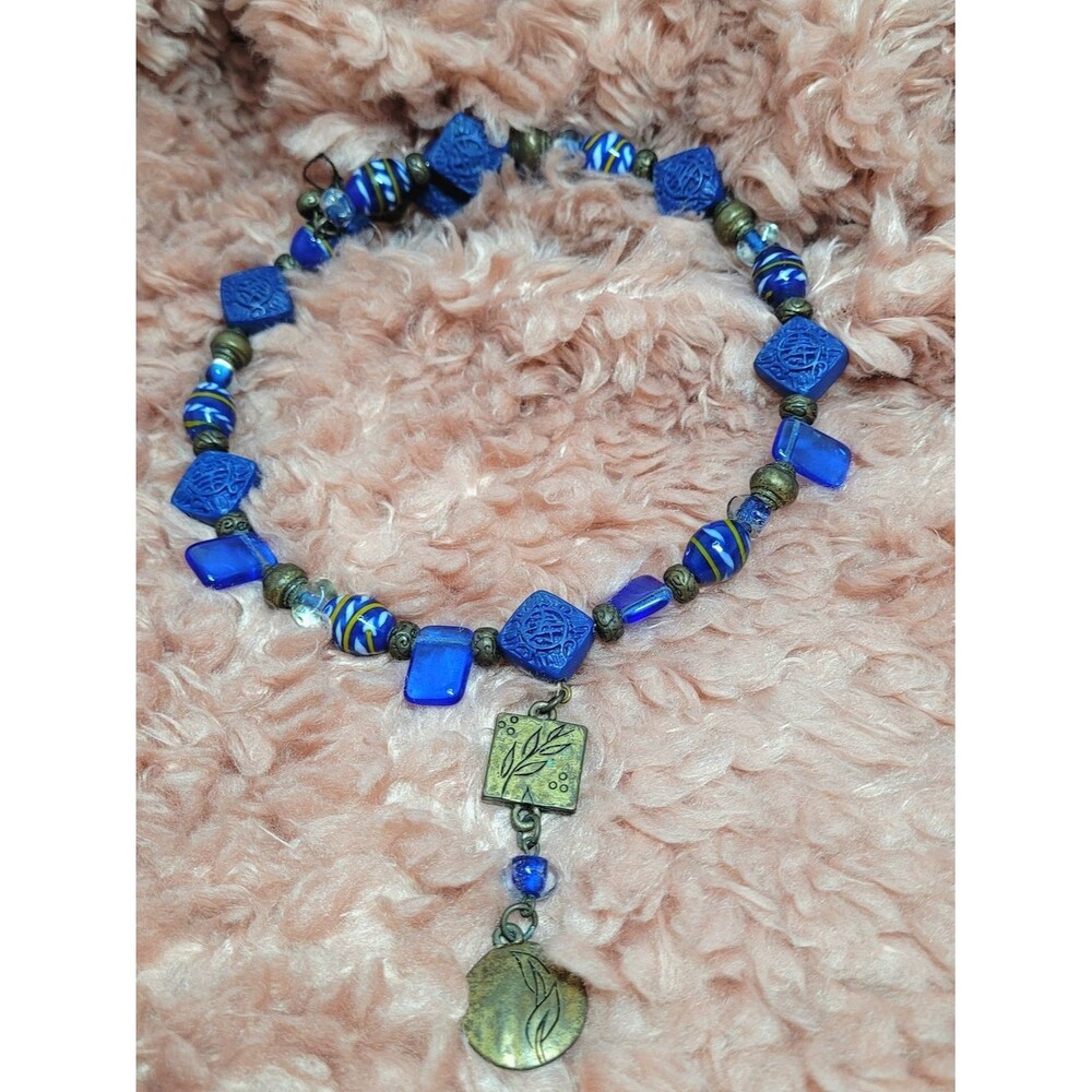 Artisan Vintage Blue Glass Beaded Pendant Necklace with Brass Accents
